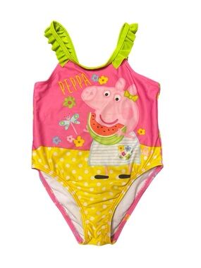 Peppa Pig Girls Pink, Yellow & Lime Green Ruffle One-Piece Swimsuit